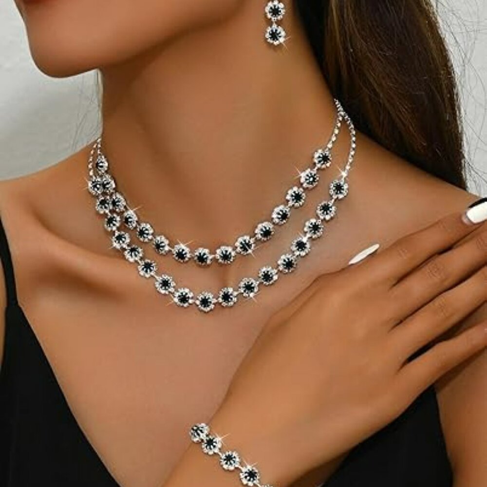 Bracelet‎ 4 pc Statement Choker Necklace Earrings Bracelet Silver Rhinestone